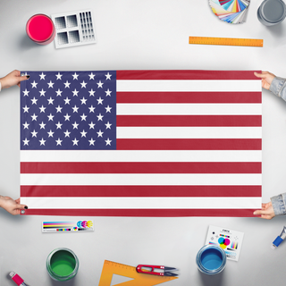 A mockup of the custom flag 'USA flag' held up on a table during print checking