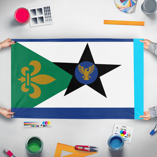 A mockup of the custom flag 'liecko flag' held up on a table during print checking