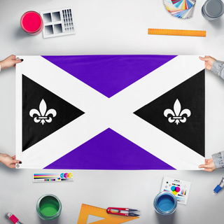 A mockup of the custom flag 'Novian flag' held up on a table during print checking