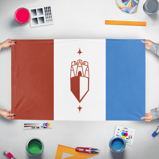 A mockup of the custom flag 'Grand Duchy Of Pales flag' held up on a table during print checking