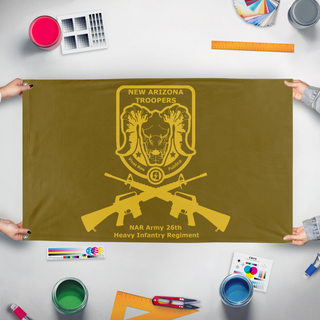 A mockup of the custom flag 'New Arizona Troopers 26th Heavy Infantry Regiment flag' held up on a table during print checking