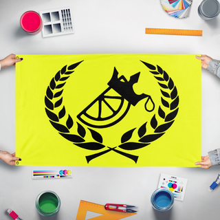 A mockup of the custom flag 'LemonLegion flag' held up on a table during print checking