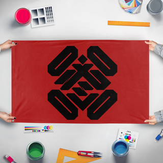 A mockup of the custom flag 'ARMIS flag' held up on a table during print checking