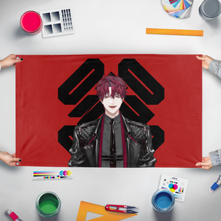 A mockup of the custom flag 'amris_jurard flag' held up on a table during print checking