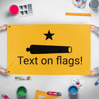 A mockup of the custom flag 'Canon flag' held up on a table during print checking