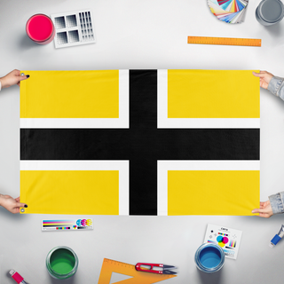 A mockup of the custom flag 'Paleo Libertarian flag' held up on a table during print checking