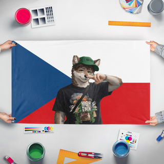 A mockup of the custom flag 'furry smokedab flag' held up on a table during print checking