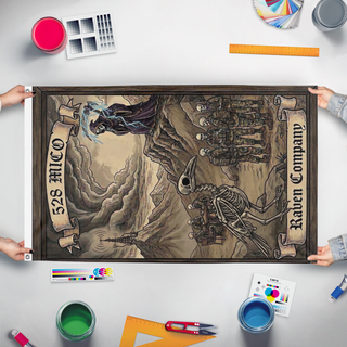A mockup of the custom flag '528 MICO flag' held up on a table during print checking