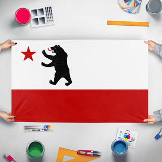 A mockup of the custom flag 'Original California flag' held up on a table during print checking