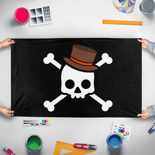 A mockup of the custom flag 'Gen Z Jolly Roger Protest flag' held up on a table during print checking