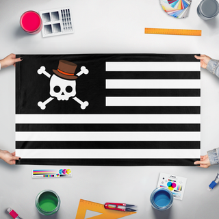 A mockup of the custom flag 'Gen Z Jolly Roger American flag' held up on a table during print checking