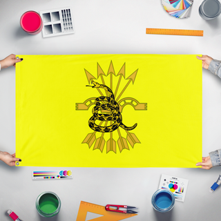 A mockup of the custom flag 'Neo Libertarian Falangalist flag' held up on a table during print checking