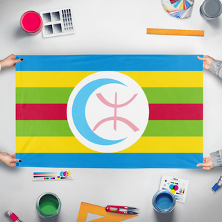A mockup of the custom flag 'MENA Trans Pride flag' held up on a table during print checking