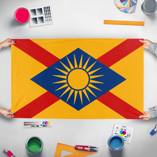 A mockup of the custom flag 'LatinAmerica flag' held up on a table during print checking