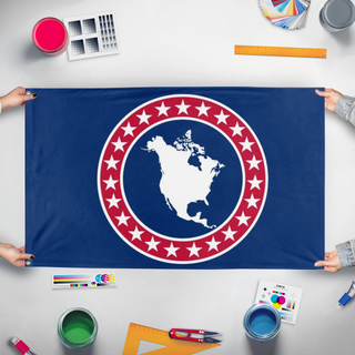 A mockup of the custom flag 'NA flag' held up on a table during print checking