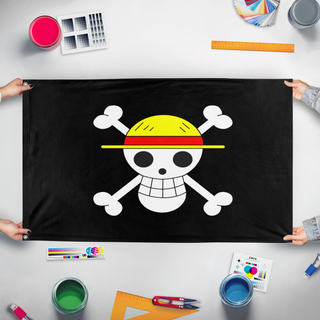 A mockup of the custom flag 'The Wheat Hats flag' held up on a table during print checking