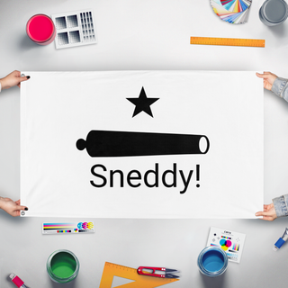 A mockup of the custom flag 'Sneedy Glag flag' held up on a table during print checking