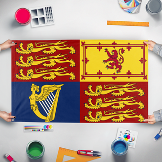 A mockup of the custom flag 'British Royal Standard flag' held up on a table during print checking