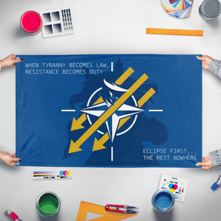 A mockup of the custom flag 'Maritime Horse flag' held up on a table during print checking