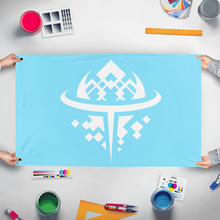 A mockup of the custom flag 'TEMPUS flag' held up on a table during print checking