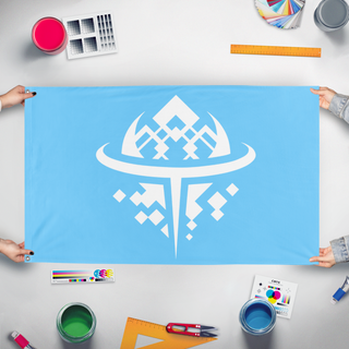 A mockup of the custom flag 'TEMPUS 2 flag' held up on a table during print checking