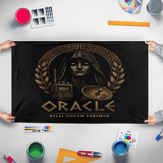 A mockup of the custom flag 'Oracle flag' held up on a table during print checking