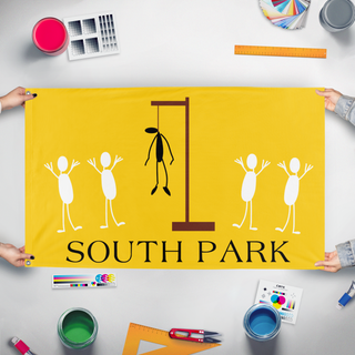 A mockup of the custom flag 'South Park Flag' held up on a table during print checking