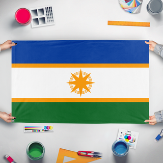 A mockup of the custom flag 'Poria flag' held up on a table during print checking