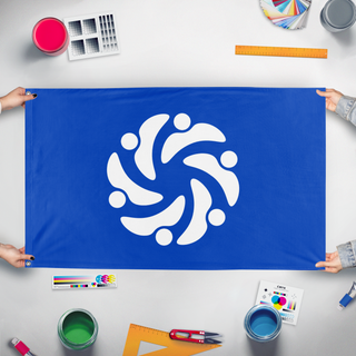 A mockup of the custom flag 'Global Progressive Movement USA flag' held up on a table during print checking