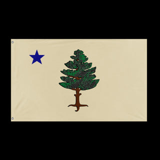 A mockup of the custom flag '1901 Maine Flag' held up on a table during print checking