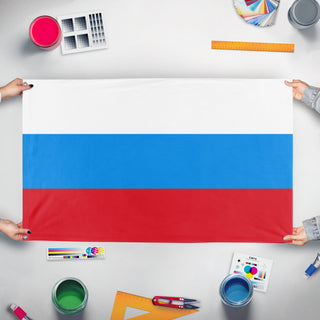 A mockup of the custom flag '1991-1993 Russia flag' held up on a table during print checking