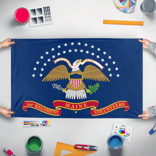 A mockup of the custom flag '20th Maine Volunteer Infantry flag' held up on a table during print checking