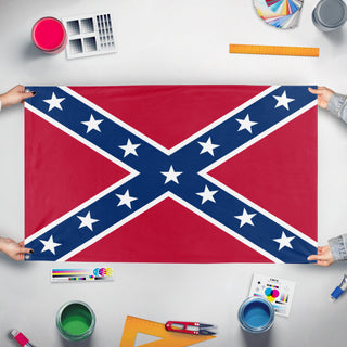A mockup of the custom flag '28th Virginia Battle Flag' held up on a table during print checking
