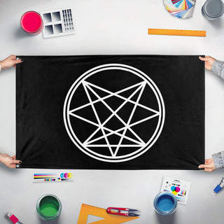 A mockup of the custom flag '3433 flag' held up on a table during print checking