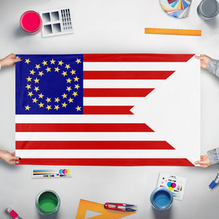 A mockup of the custom flag '35-Star Civil War Flag' held up on a table during print checking