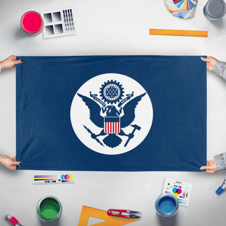 A mockup of the custom flag 'AMERICAN FASCISTS flag' held up on a table during print checking