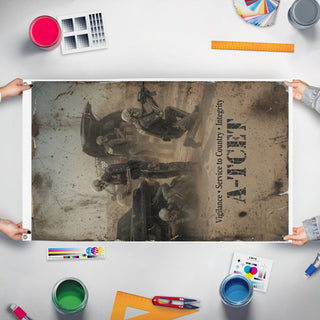 A mockup of the custom flag 'ATCET Flag' held up on a table during print checking