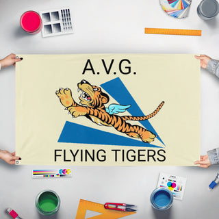 A mockup of the custom flag 'AVG flag' held up on a table during print checking