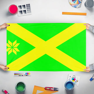 A mockup of the custom flag 'Aa en Hunze flag' held up on a table during print checking