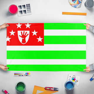A mockup of the custom flag 'Abkhazia flag' held up on a table during print checking