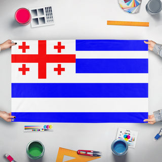 A mockup of the custom flag 'Adjara flag' held up on a table during print checking