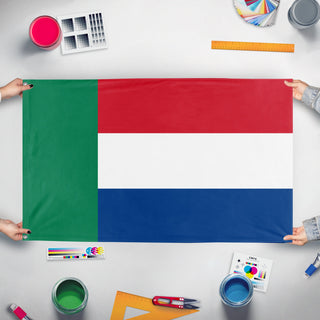 A mockup of the custom flag 'Afrikaner Flag' held up on a table during print checking
