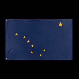 A mockup of the custom flag 'Alaska State Flag' held up on a table during print checking