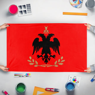 A mockup of the custom flag 'Albanian presidential flag' held up on a table during print checking