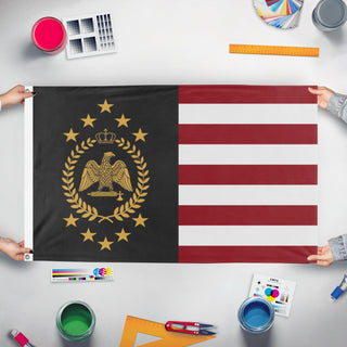 A mockup of the custom flag 'Alvus flag' held up on a table during print checking