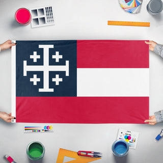 A mockup of the custom flag 'American Crusade flag' held up on a table during print checking