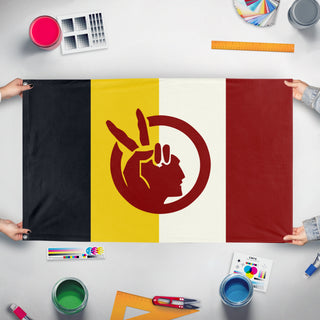 A mockup of the custom flag 'American Indian Movement Flag' held up on a table during print checking