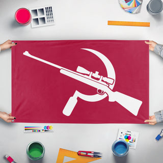 A mockup of the custom flag 'American Revolutionary Insurgent Army flag' held up on a table during print checking