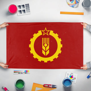 A mockup of the custom flag 'American party of Labor A.P.L. flag' held up on a table during print checking