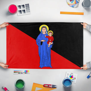 A mockup of the custom flag 'Anarchist Christian flag' held up on a table during print checking